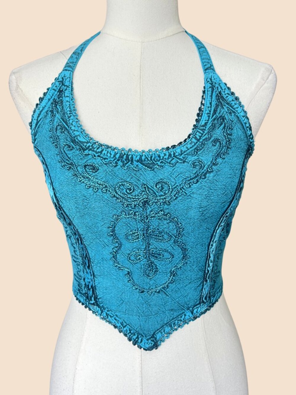 Y2K Turquoise Embroidered Halter Corset Crop Top
